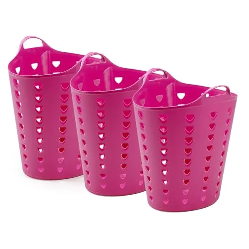 Kreher® flexibler Wäschekorb, Mehrzweckkorb, gelocht in Pink oder Blau. Mit Griffen und Nutzvolumen von ca. 65 Liter pro Korb. (Set und Farbe wählbar) (3er Set Pink)