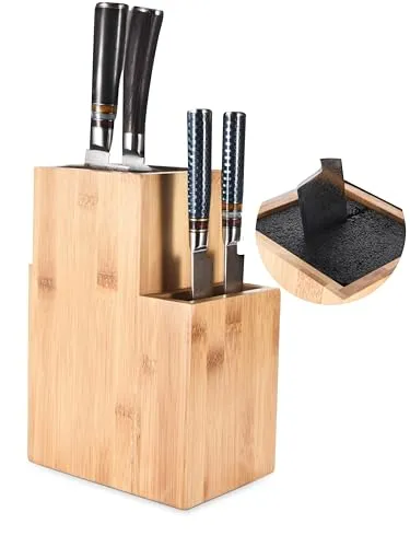 Kitchtic Bamboo 2 Etagen Leer Messerblock Natürliches Braun - Universeller Messerständer ohne Messer - Wooden Knife Holder & Organizer for Kitchen Knives - Schlitzloses Holzdesign mit Borsten