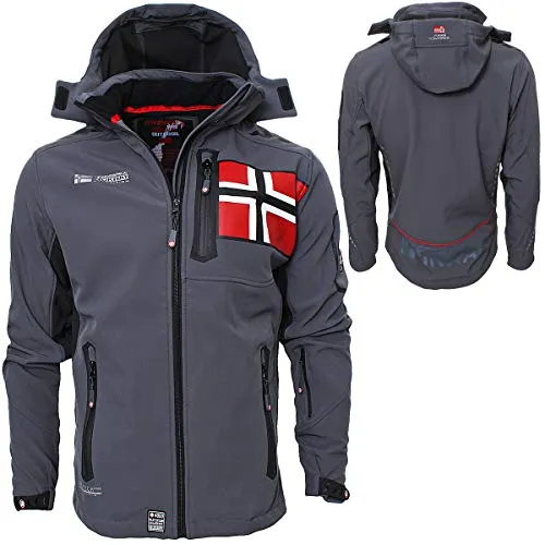 Geographical Norway Herren Softshell Jacke Funktions Outdoor, Grau - M - Moderne Softshelljacke mit körperbetonendem Schnitt und hochschließendem Kragen. Ideal für Outdoor-Aktivitäten, bietet optimalen Schutz vor Wind und Wetter. Atmungsaktiv und wasserabweisend, mit Fleece-Innenfutter für zusätzlichen Komfort.