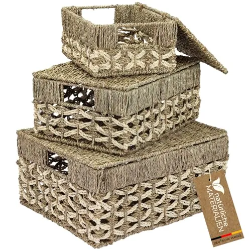 HMF Aufbewahrungskorb Set mit Deckel, 3er-Set aus Seegras und Palmblättern - Körbe im Boho-Stil, handgeflochten aus nachhaltigen Materialien, ideal zur stilvollen Aufbewahrung von kleinen Gegenständen in verschiedenen Räumen.