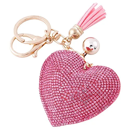 Soleebee Leder Liebes-Herz Keychain Bling Kristallstrass Taschen Koffer Rucksäcke Zubehör Charm Auto Schlüsselanhänger Schlüsselring mit Quasten (Rosa)
