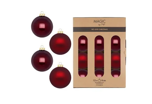 MAGIC by Inge Weihnachtsbaumkugel - 12er Set Glas 8cm Smooth Port - Weihnachtskugeln aus Glas, 8 cm Durchmesser, in edlem Dunkelbordeaux. 12 Stück in nachhaltiger Box, ideal als festliche Deko für Tannenbaum oder Tisch.
