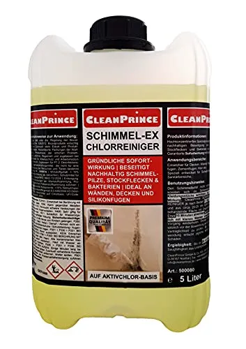 CleanPrince Schimmel-Ex Chlorreiniger 5L – Effektiver Schimmelentferner - Schimmelentferner für Bad, Küche und Garage, hochwirksam mit Chlor, ideal für schwer zugängliche Stellen. Sicherer kindersicherer Entgasungsverschluss im praktischen 5L Kanister.