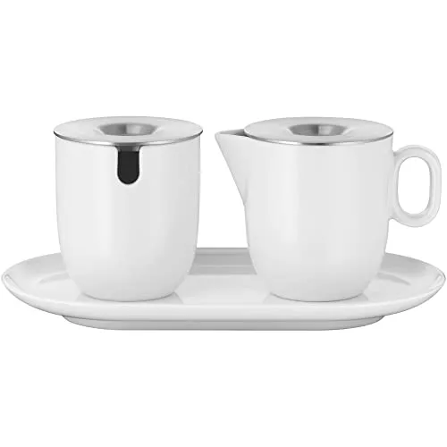 WMF Barista Zuckerdose mit Löffel - Elegantes Porzellan und Edelstahl - Zuckerdose für 130g Zucker mit Cromargan Edelstahl-Deckel, spülmaschinengeeignet und ideal für stilvolle Kaffeetafeln. Mit praktischer Löffel- & Schüttöffnung für einfachen Zugang.