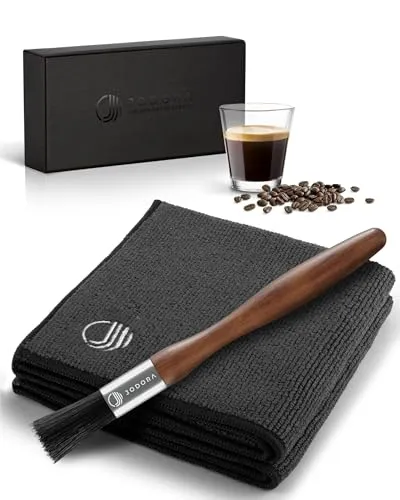 JODORA Barista Tuch + Barista Pinsel Reinigungsset - Siebträger Zubehör - 2 Barista Handtücher extrem saugstark 30x30cm für Siebträgermaschine & Dampfwalze - Kaffee Pinsel (Schwarz)