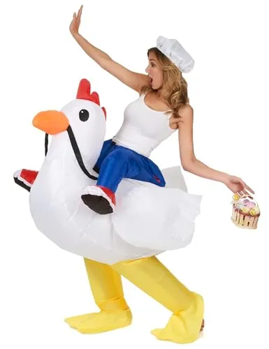 JADEO Aufblasbares Huckepack-Kostüm Huhn in Weiß-Blau-Gelb