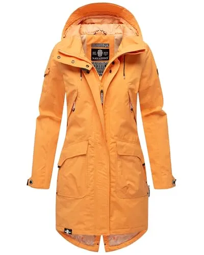 Navahoo Damen Übergangsjacke mit Kapuze in Pfefferschote Apricot Sorbet - Funktionsjacke aus wasserabweisendem Material, ideal für Übergangszeiten, mit stylischem Innenfutter und hoher Bewegungsfreiheit durch Gehschlitz.