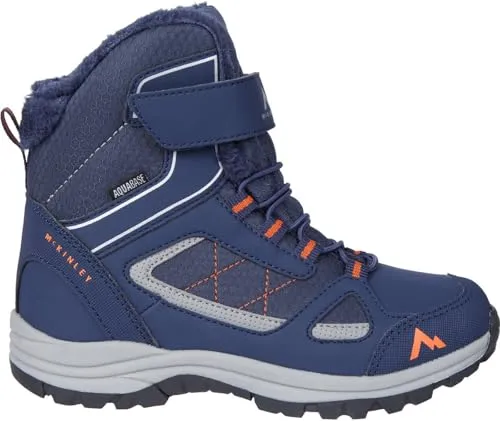 McKinley Unisex Kinder Maine Mid Wi Aqb Schneestiefel - Navy Orange Dark Cha, 33 EU - Wanderschuhe mit AQUABASE-Feuchtigkeitsschutz, ideal für kalte Tage. Fleece-Isolierung und elastische Schnürsenkel sorgen für perfekten Sitz und Wärme.