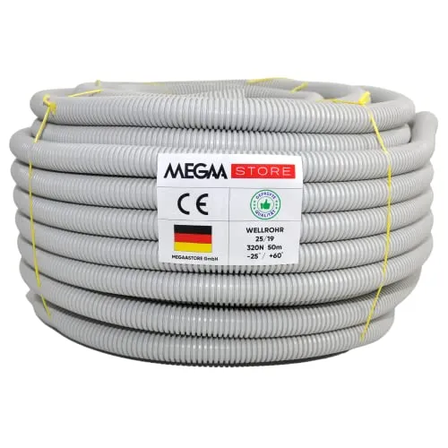 Megastore Flexibles Leerrohr Wellrohr 320N Grau | Klassifizierung M16 M20 M25 M32 M40 M50 Kabelschutz Schutz Rohr ungeschlitzt Außenbereich (Ø14 mm innen/Ø 20 mm außen / 50m)