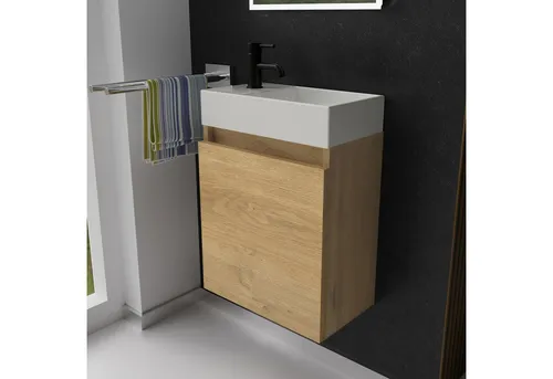 Alpenberger Badmöbel-Set Gäste WC - 2-tlg. Waschtisch Set Eiche Natur - Badmöbel-Sets für kleine Bäder, inklusive vormontiertem Waschbeckenunterschrank mit Softclose und grifflosem Design für eleganten Stil.