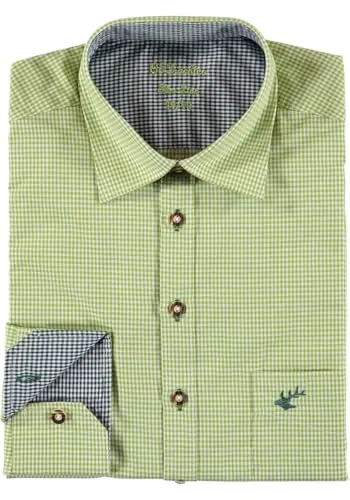 OS Trachten Herren Hemd Langarm Trachtenhemd mit Liegekragen Wacodu, Größe:41/42, Farbe:giftgrün