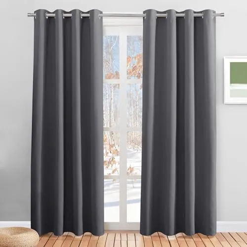 PONY DANCE Verdunkelungsvorhang Grau Thermovorhang Hitzeschutz Ösenschal Blickdicht 2er Set H 210 x B 132 cm Wohnzimmer Vorhänge Wärmeisolierend Thermogardine