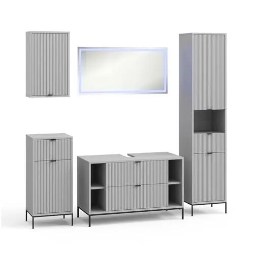 Vicco Badmöbel-Set Eliza, Grau, 100 cm, besteht aus Waschbeckenunterschrank, Spiegelschrank, Hochschrank, Midischrank und Hängeschrank