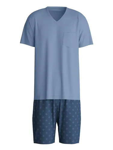 CALIDA Shorty Relax Imprint 2 – Blau, V-Ausschnitt, Kurzarm - Bequemer 2-teiliges Shorty-Set in coronet blue. Mit Brusttasche und elastischem Bund für optimalen Tragekomfort. Ideal für entspannte Nächte.
