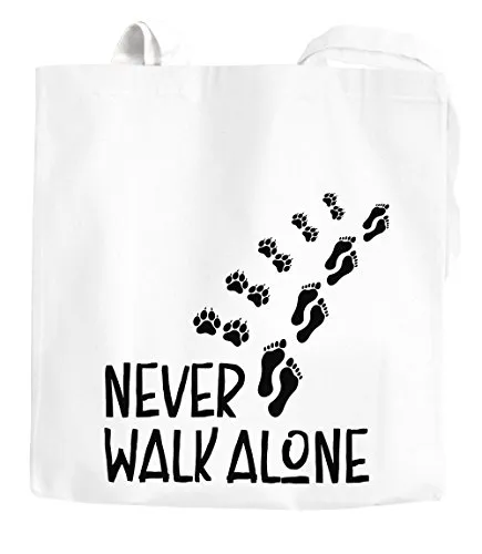 MoonWorks Jutebeutel Never walk alone Hund Pfoten Hundepfoten Pfotenabdrücke Hundebesitzer Baumwolltasche Stoffbeutel Tragetasche weiß 2 lange Henkel