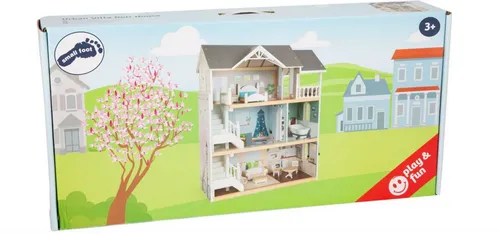 Small Foot Puppenhaus Stadtvilla - Holzspielhaus mit 3 Etagen und offener Front, inklusive 12 Möbeln für kreatives Spielen ab 3 Jahren