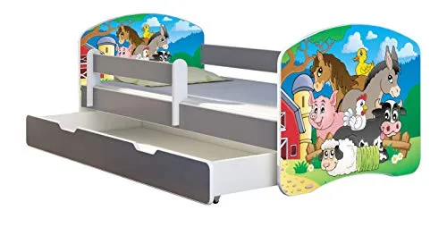 ACMA Kinderbett Jugendbett mit Einer Schublade und Matratze Grau mit Rausfallschutz Lattenrost II (34 Farm, 140x70 + Bettkasten)