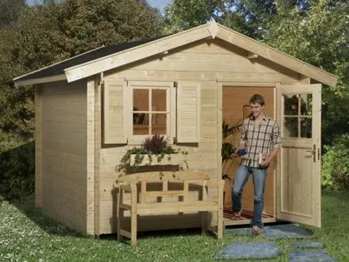 Weka Holz-Gartenhaus Satteldach Unbehandelt 280 cm - Holz-Gartenhaus mit 6,3 m², ideal zur Aufbewahrung von Gartenutensilien und Fahrrädern. Robuste Blockbohlenbauweise mit 28 mm Wandstärke, für Langlebigkeit und natürliche Optik.