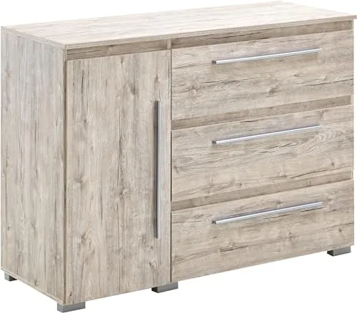Arthur Berndt Kommode mit 1 Tür und 3 Fächern - Kommode in Holzoptik Eiche Sand, bietet viel Stauraum mit 3 großen Fächern und 3 Schubladen. Pflegeleichte Oberfläche und elegante Drehtür für stilvolle Funktionalität.