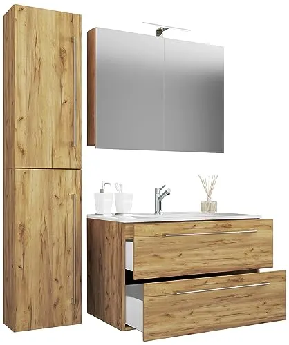 VCM 4-tlg. Waschplatz Badinos - Waschbecken Unterschrank mit Schubladen - Badmöbel-Set mit 80 cm Breite, inklusive einem eleganten Spiegelschrank und robustem Unterschrank für optimalen Stauraum im Badezimmer.