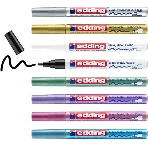 edding 751 Glanzlackmarker Set - 8 Metallic Stifte in schwarz, weiß, gold, silber, blau, grün, violett, pink