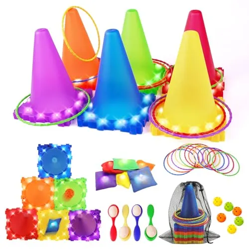 CLEMAS 35pcs Light Up Wurfspiele Outdoor-Spiele Garten Spiel, Ball & Ring & Bean Bag Toss Spiel Set,Party-Wurfspiele Kinder Erwachsene,Ringwurfspiele für Kindergeburtstag,Ostern Eier Löffel Eierlaufen