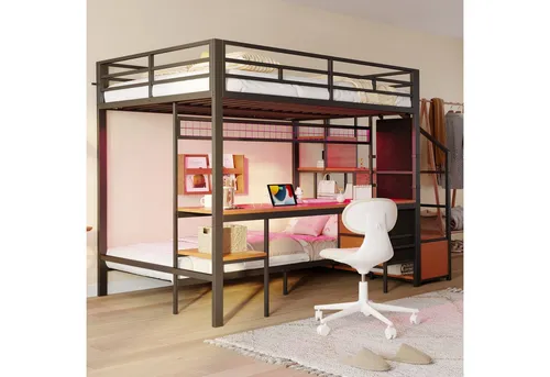 MODFU Etagenbett mit Stauraum & Stoffschubladen (Kinderbett mit LED-Schreibtisch, Steckdosen, 90x200cm+140x200cm), ohne Matratze