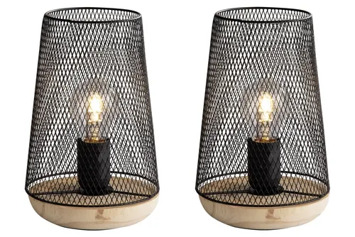 Tischleuchte LUCINA 2er Set - Nachttischleuchten mit elegantem schwarzen Metallschirm und braunem Holzfuß, ideal für eine gemütliche Atmosphäre in jedem Raum.