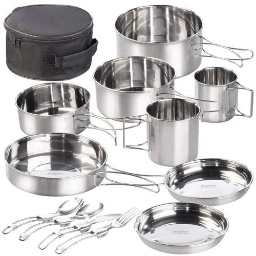 Semptec Urban Survival Technology Camping Kochset: 12-teiliges Edelstahl-Campinggeschirr-Komplettset mit Besteck & Tasche (Camping Kochgeschirr, Campingtopf, Campingkocher Gas)