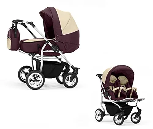 Elcar Zwillingskinderwagen 2 in 1 Duo Twin inkl. Sportsitze - 11 Teile - Bordeaux-Creme