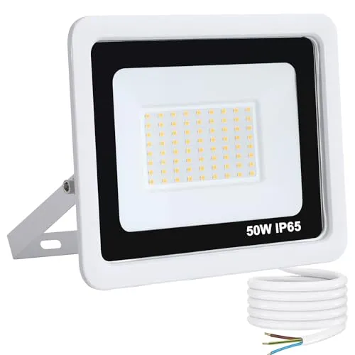 Mille Lucciole 50W LED Strahler Außen,5000LM Superhell Außenstrahler IP65 Wasserdicht Fluter 3000K Warmweiß Scheinwerfer,LED Strahler für Hinterhof,Garage,Flur,Garten,Keine Bewegungsmelder【Weiß】