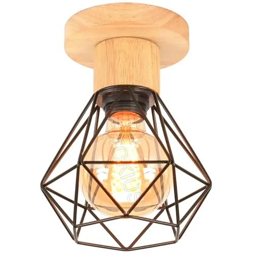 TOKIUS Deckenlampe, 16CM Vintage Deckenleuchte im Industrial Design Retro E27 Lampe aus Holz Eisen Käfig Pendelleuchte Schwarz (1 Stück)