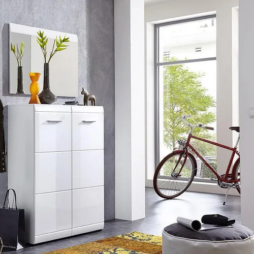 Lomadox Schuhschrank DANARO-01 Set in Hochglanz Weiß - Elegantes 2-teiliges Garderoben Set mit Schuhschrank und Spiegelelement. Hochwertige Verarbeitung und modernes Design für effiziente Stauraumlösungen.