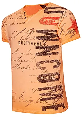 T-Shirt 'Rusty Neal' V-Neck mit Knopfleiste Verwaschen & Bedruckt Plakativer Seitlicher Logo Print Kurzarm 271, Farbe:Orange, Größe:M