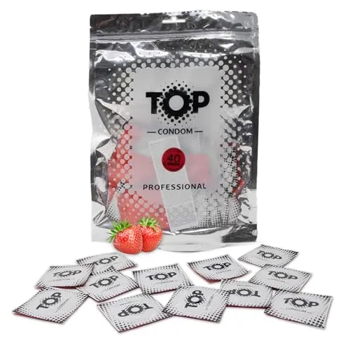 TOP Kondome 40 Stück Packung, Erdbeere, rot eingefärbt, natürlich und gefühlsecht, aus Latex, mit Reservoir, Durchmesser 53 mm, für Männer