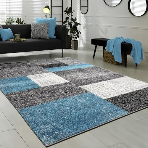 Produktbild Paco Home Wohnzimmer Teppich Modern Kurzflor Karo Design Used Look Türkis Grau Weiß, Grösse:60x100 cm