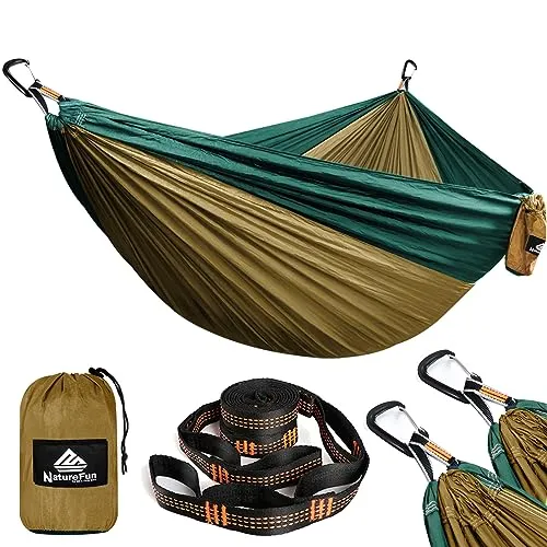 NATUREFUN Ultraleichte Reise Camping Hängematte | 300kg Tragkraft (300 x 200 cm) Atmungsaktiv, Schnelltrocknendes Fallschirm Nylon | 2 x Premium Karabiner, 2 x Nylon-Schlingen Inbegriffen | Draußen