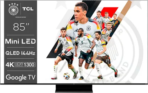 TCL 85C803GX1 Mini-LED-Fernseher 85 Zoll - 4K Ultra HD Smart-TV mit Android und Google TV, beeindruckende Mini-LED-Technologie für lebendige Farben und herausragende Bildqualität.