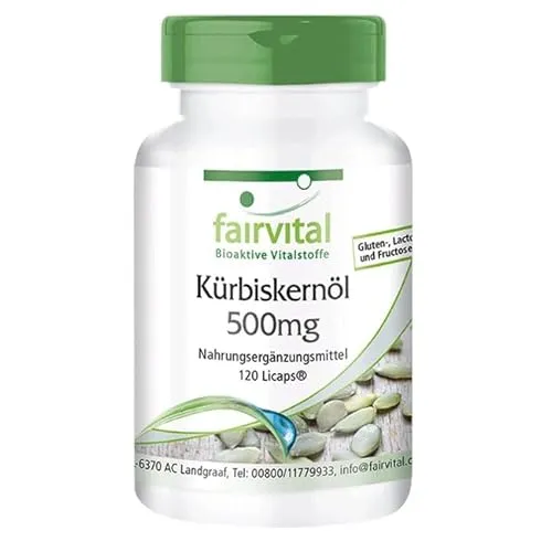 Fairvital | Kürbiskernöl Kapseln - 120 LiCaps® - 2000mg pro Tagesportion - Naturbelassen & kaltgepresst - Hochdosiert - VEGAN