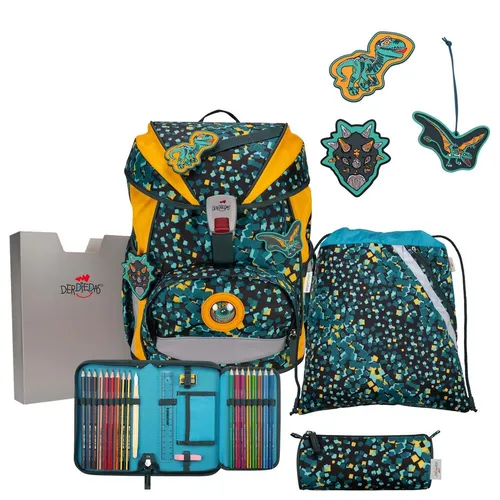 DerDieDas Schulranzen Set ErgoFlex Set Dino Time - Komplettes Schulranzen Set mit Sportbeutel und gefülltem Schülertui, ideal für kleine Dino-Fans