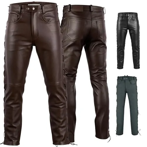 Radmasters Herren Lederhose lederjeans bikerjeans Jeans Hose aus Echtleder seitlich geschnürt (DE/NL/SE/PL, Numerisch, 58, Regular, Regular, Dunkelbraun)
