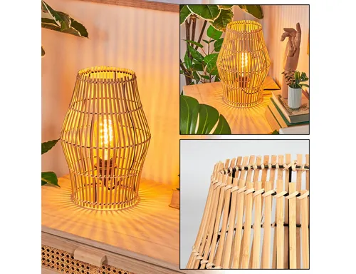Hofstein Tischleuchte im Boho-Design aus Metall und Bambus - Stilvolle Tischlampe für den Innenbereich, 32 cm hoch, mit geschwungenem Lampenschirm aus Bambus. Ideal für ein gemütliches Ambiente und einfach zu bedienen dank Schalter am Kabel.