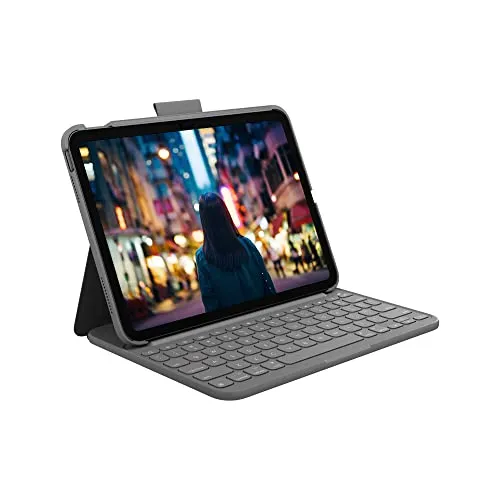 Logitech Slim Folio - Tastatur & Folio-Set für iPad - Externes Zubehör: Drahtlose Bluetooth-Tastatur mit elegantem Folio-Design, ideal für die 10. Generation des Apple iPads in Oxford Grey.