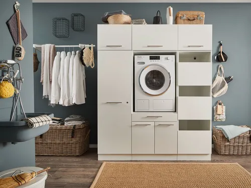 LAUNDREEZY Waschmaschinenschrank - TÜV-zertifizierter Überbauschrank mit viel Stauraum - Podeste & Rahmen für Waschmaschinen, bietet Platz für Waschmaschine und hat eine Softclose-Funktion für einfachen Zugang.