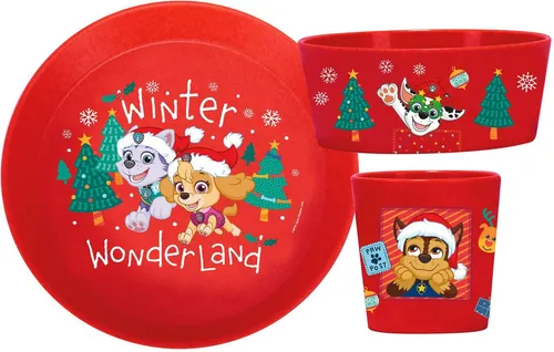 KOZIOL Kindergeschirr-Set Kleiner Teller + Schale + Becher CONNECT PAW PATROL WINTER WONDERLAND (3-tlg), 1 Personen, Kunststoff, Polypropylen, made in Germany, melaminfrei, 3 Teile, für 1 Person