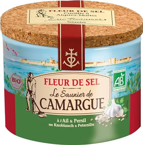 Le Saunier de Camargue Fleur De-Sel Knoblauch Petersilie in 125 g Dose, Premium Meersalz aus Süd-Frankreich, Ideal als Finishing von Speisen