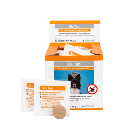 alfavet Dia Tab 20 x 5,5 g Kautabletten für Hunde & Katzen - Vitamine & Zusätze, unterstützt die Gesundheit von Hunden und Katzen mit wichtigen Nährstoffen in schmackhaften Kautabletten.