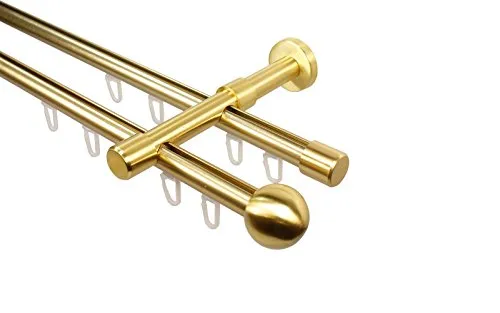 Messing Optik Innenlauf Gardinenstange 2-läufig 16 mm mit Endstück Kugel, 320 cm (2 x 160 cm)