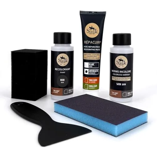 Sofolk Leder-Renovierungskit 21 Farben verfügbar : Reparatur + Lederfarbe + Lack zum FALSCHEN oder Ausbessern von Autositzen, Stühlen, Sattlern, Jacken, Sakkos, Schuhen, etc. (SCHWARZ - RAL 9005)