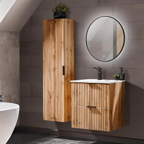 Lomadox Badmöbel-Set ADELAIDE-56, 60cm Waschtisch mit Unterschrank - Badmöbel-Set in Wotaneiche mit eleganter Rillenoptik, inklusive LED-Spiegel und Softclose-System für eine harmonische und moderne Badgestaltung.